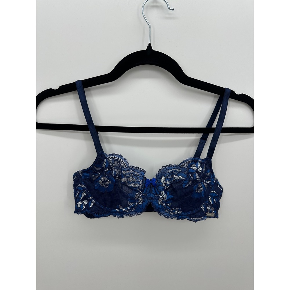 Adore Me Navy Blue Silver Floral‎ Metallic Lace Balconette Bra 34A Underwire